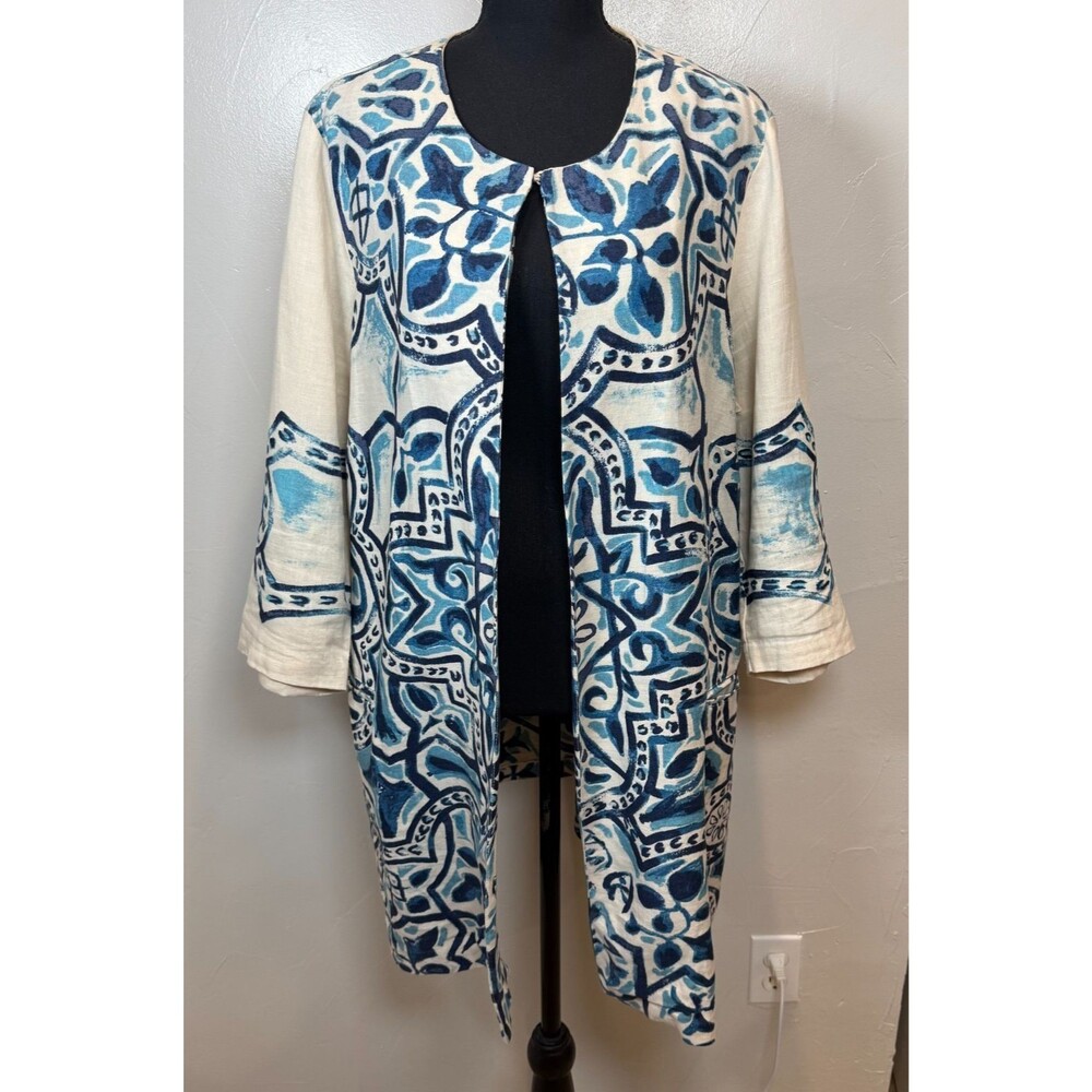 Chico's Long Line Linen Cape Jacket Blue Floral Size XXL Chico's 4